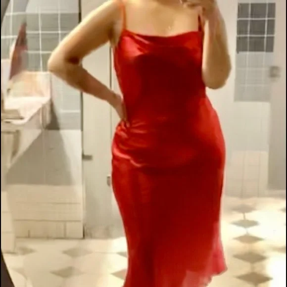 Medium: red satin slip dress, BEBE